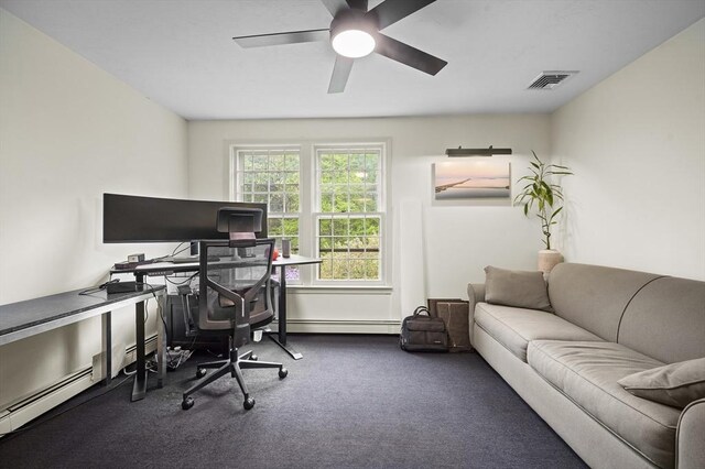 126 Arrow Head Rd, Marshfield, MA 02050 - office area featuring a baseboard radiator, carpet, and ceiling fan