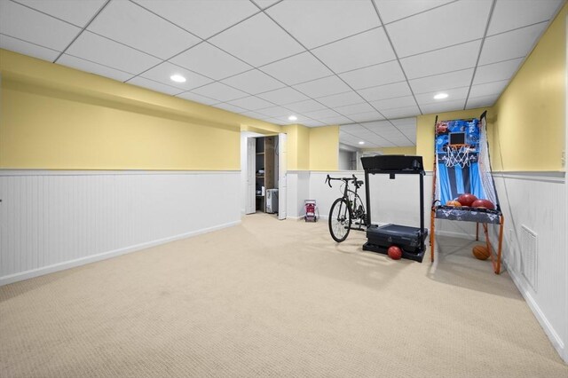 126 Arrow Head Rd, Marshfield, MA 02050 - workout room featuring carpet, a wainscoted wall, a paneled ceiling, and recessed lighting