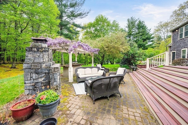126 Arrow Head Rd, Marshfield, MA 02050 - view of patio / terrace featuring an outdoor living space and view of wooded area