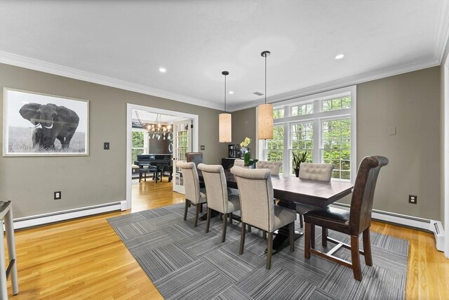 126 Arrow Head Rd, Marshfield, MA 02050 - dining room featuring baseboard heating, a chandelier, wood finished floors, recessed lighting, and crown molding