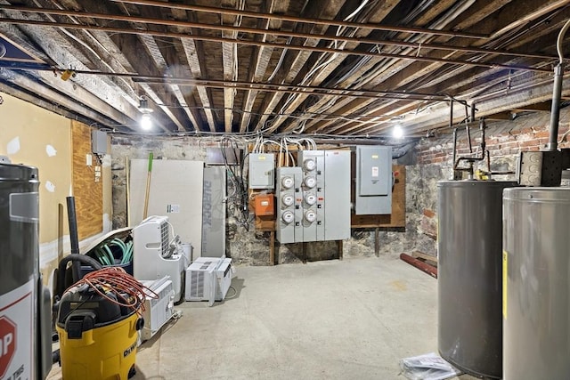 basement with electric panel and water heater