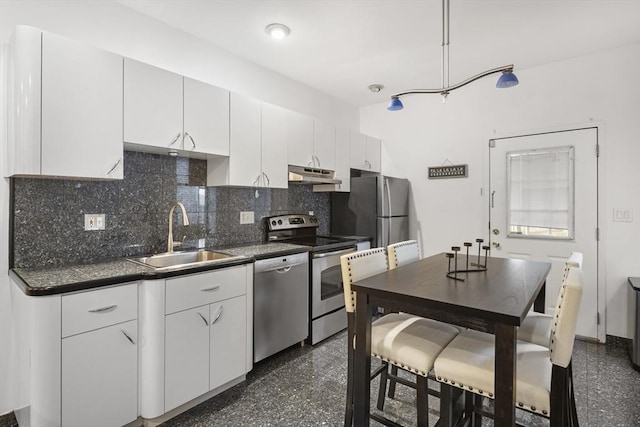 kitchen with decorative backsplash, sink, white cabinets, and appliances with stainless steel finishes