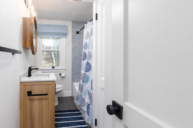 bathroom featuring toilet, shower / tub combo, tile patterned flooring, and vanity