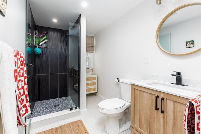 bathroom featuring vanity, tile patterned flooring, toilet, recessed lighting, and a shower stall