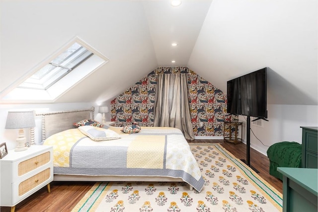 bedroom featuring wood finished floors, baseboards, wallpapered walls, recessed lighting, and vaulted ceiling with skylight