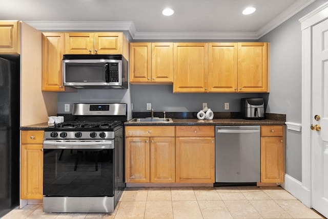 9-11 Linley Ter Unit 2, Boston, MA 02127 - kitchen with appliances with stainless steel finishes, crown molding, a sink, recessed lighting, and baseboards