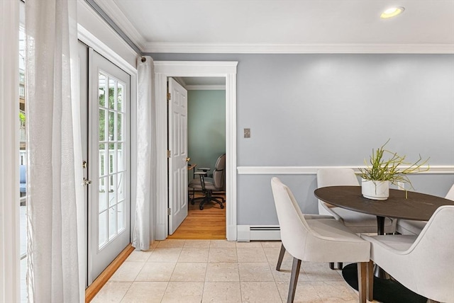 9-11 Linley Ter Unit 2, Boston, MA 02127 - dining area featuring ornamental molding, baseboard heating, light tile patterned floors, a desk, and recessed lighting