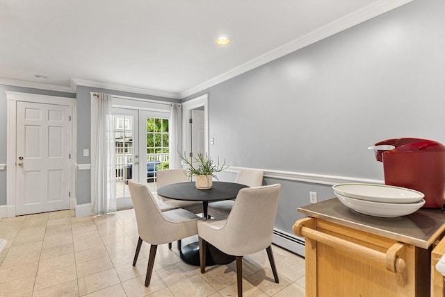 9-11 Linley Ter Unit 2, Boston, MA 02127 - dining room with crown molding, french doors, a baseboard heating unit, light tile patterned floors, and recessed lighting