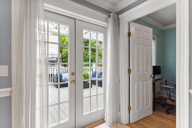 9-11 Linley Ter Unit 2, Boston, MA 02127 - doorway featuring french doors, ornamental molding, an office area, and light wood-style floors