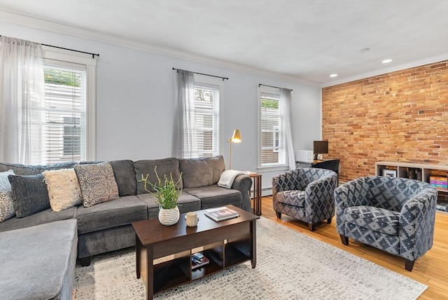 9-11 Linley Ter Unit 2, Boston, MA 02127 - living room with ornamental molding, a baseboard heating unit, light wood finished floors, recessed lighting, and brick wall
