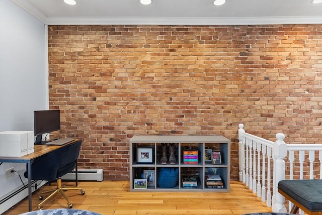 9-11 Linley Ter Unit 2, Boston, MA 02127 - office with brick wall, crown molding, a baseboard radiator, recessed lighting, and wood finished floors