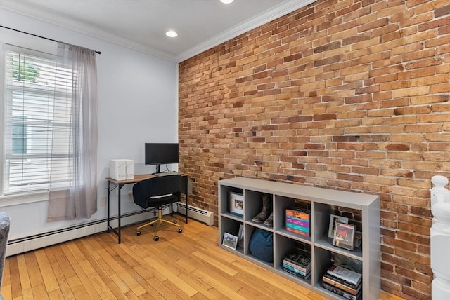 9-11 Linley Ter Unit 2, Boston, MA 02127 - office area with crown molding, a baseboard heating unit, light wood-type flooring, recessed lighting, and brick wall