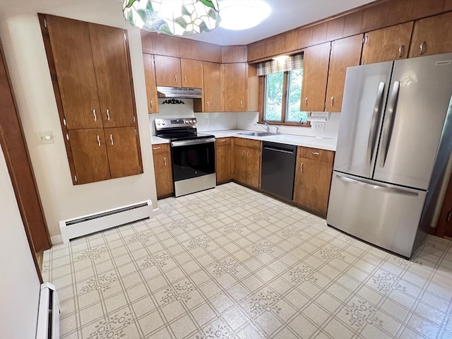 216 Bel Air Dr, Longmeadow, MA 01106 - kitchen with stainless steel appliances, a baseboard radiator, under cabinet range hood, light countertops, and brown cabinetry