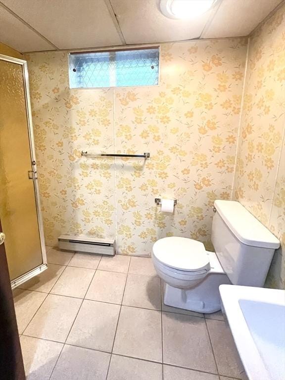 216 Bel Air Dr, Longmeadow, MA 01106 - bathroom featuring baseboard heating, tile patterned flooring, and a stall shower