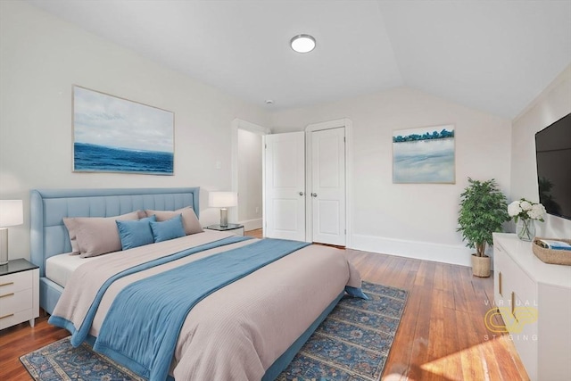 bedroom featuring wood-type flooring and lofted ceiling