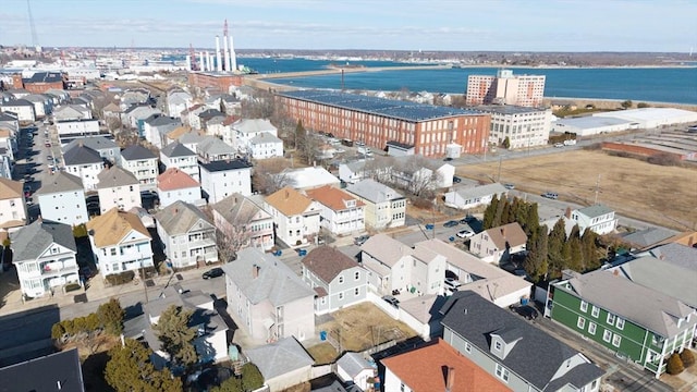 drone / aerial view with a water view