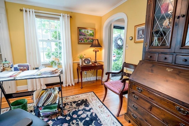 9 Mohawk Rd, Marblehead, MA 01945 - office featuring arched walkways, ornamental molding, and light wood finished floors