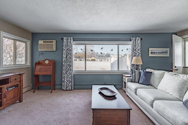 living room with a wall mounted AC, carpet, and a textured ceiling