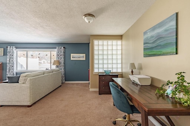 office with light colored carpet and a textured ceiling