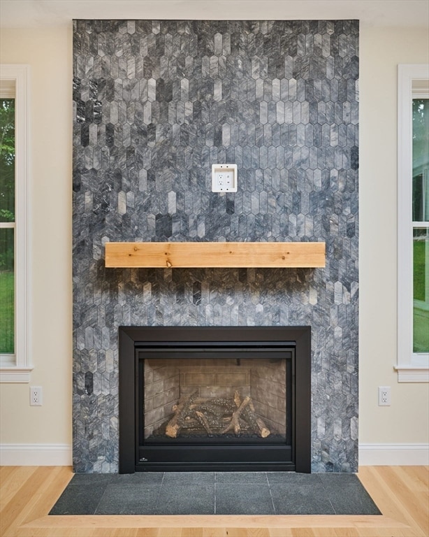 room details featuring hardwood / wood-style floors and a tile fireplace