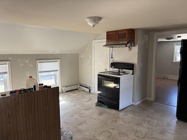 kitchen with baseboards, lofted ceiling, freestanding refrigerator, electric stove, and under cabinet range hood