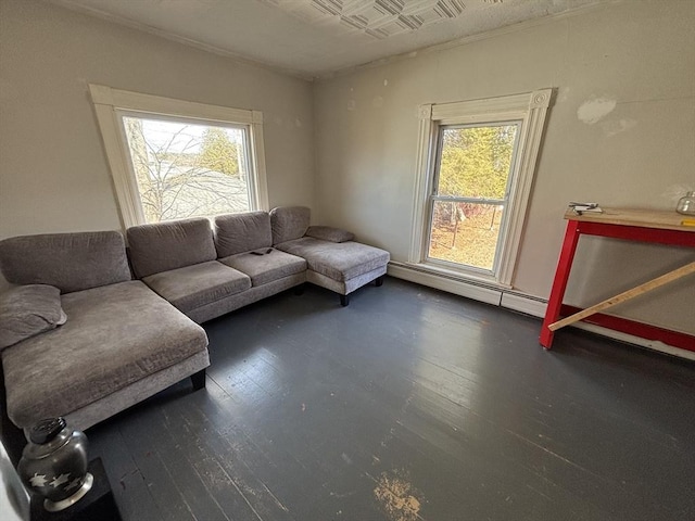 living room featuring hardwood / wood-style flooring and baseboard heating