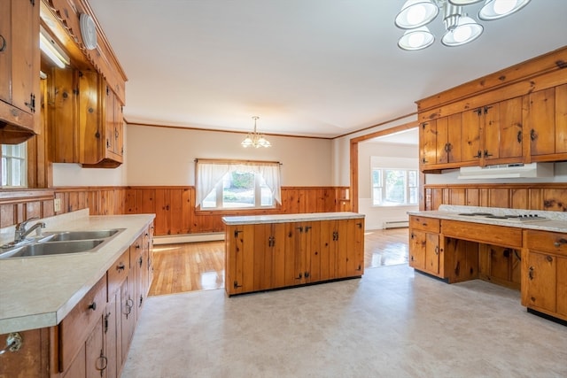 kitchen featuring a kitchen island with sink, plenty of natural light, decorative light fixtures, and a notable chandelier