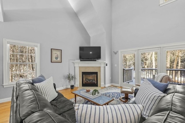 living room featuring hardwood / wood-style floors, a fireplace, and high vaulted ceiling