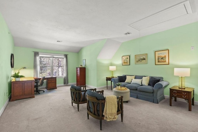 living room with lofted ceiling and light colored carpet