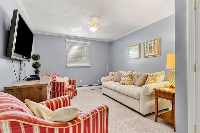 living area with carpet, a baseboard heating unit, a ceiling fan, crown molding, and baseboards