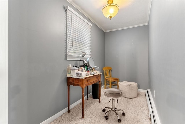 home office with crown molding, a baseboard radiator, and baseboards