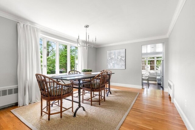 56 Postgate Rd, Hamilton, MA 01982 - dining area featuring ornamental molding, a chandelier, light wood-style flooring, and radiator