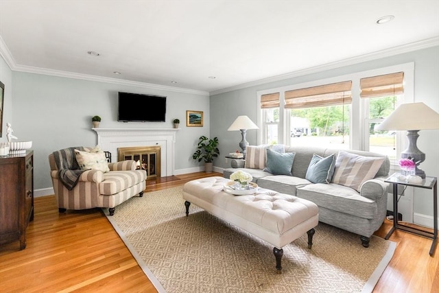 56 Postgate Rd, Hamilton, MA 01982 - living area featuring ornamental molding, light wood-style flooring, a fireplace with flush hearth, and baseboards