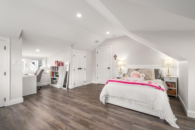 94 Webster St, Newton, MA 02465 - bedroom with wood finished floors, vaulted ceiling, a desk, baseboards, and recessed lighting