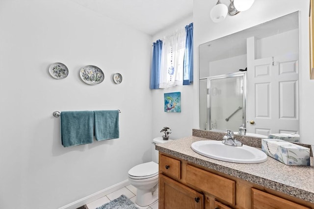 bathroom with tile patterned flooring, vanity, toilet, and a shower with door