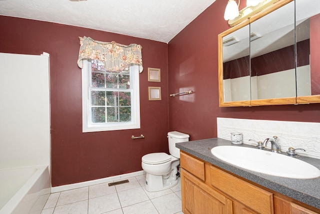 full bathroom with vanity, plus walk in shower, toilet, and tile patterned floors