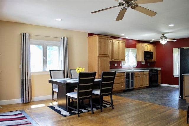 5 Leedburg St, Chelmsford, MA 01863 - kitchen featuring black appliances, a ceiling fan, dark wood-style flooring, recessed lighting, and wine cooler
