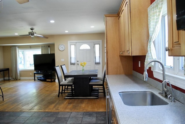 5 Leedburg St, Chelmsford, MA 01863 - kitchen featuring ceiling fan, light countertops, recessed lighting, and dark wood-type flooring