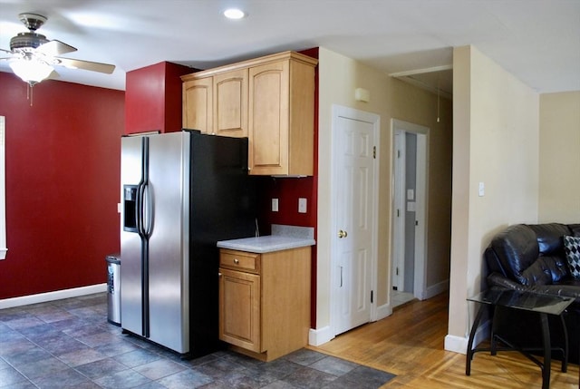 5 Leedburg St, Chelmsford, MA 01863 - kitchen featuring stainless steel fridge, a ceiling fan, light countertops, and recessed lighting
