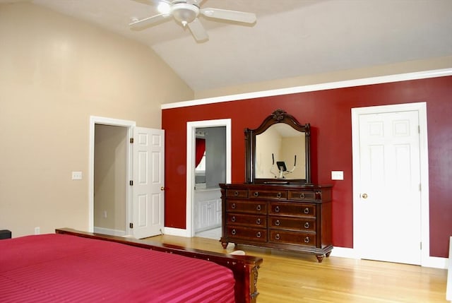 5 Leedburg St, Chelmsford, MA 01863 - bedroom featuring light wood-style flooring, vaulted ceiling, ensuite bath, and a ceiling fan