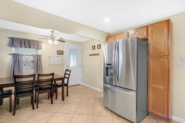 122 Brookside Cir, Springfield, MA 01129 - kitchen with stainless steel fridge, ceiling fan, light tile patterned floors, recessed lighting, and light brown cabinets