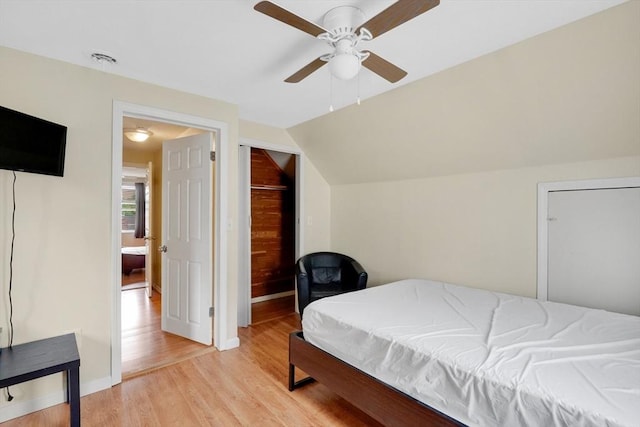 122 Brookside Cir, Springfield, MA 01129 - bedroom featuring light wood-type flooring, lofted ceiling, and ceiling fan