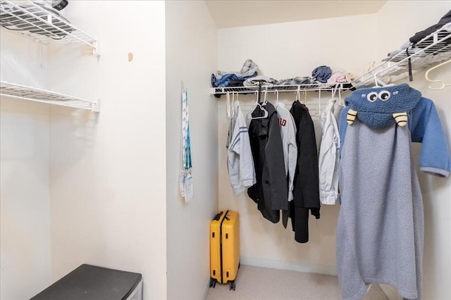 spacious closet with radiator and carpet floors