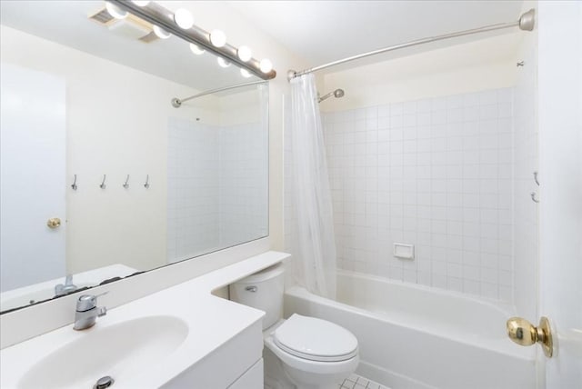 full bath featuring visible vents, shower / bath combo, vanity, tile patterned floors, and toilet