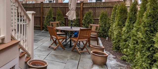 view of patio / terrace featuring a fenced backyard and outdoor dining area