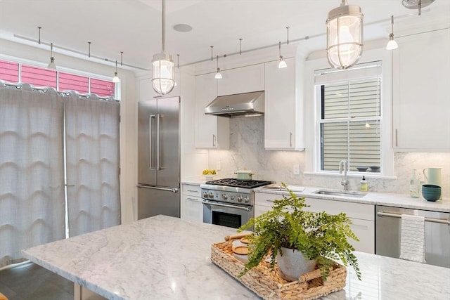 kitchen with premium appliances, light stone counters, white cabinets, a sink, and ventilation hood