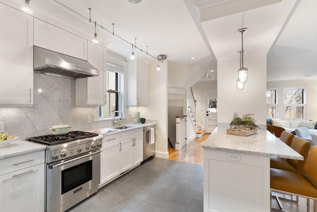 kitchen featuring a breakfast bar area, stainless steel appliances, decorative backsplash, a sink, and exhaust hood