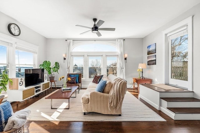 living room with ceiling fan, baseboards, baseboard heating, and wood finished floors