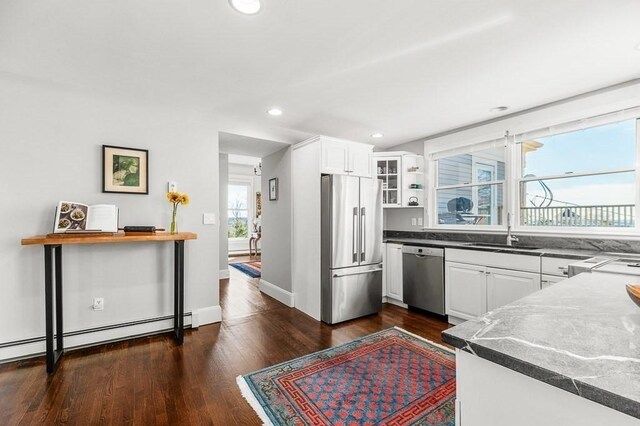 kitchen with white cabinets, stainless steel appliances, dark wood-type flooring, and a sink