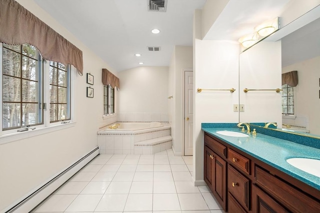 bathroom featuring a sink, visible vents, tile patterned flooring, and a baseboard radiator